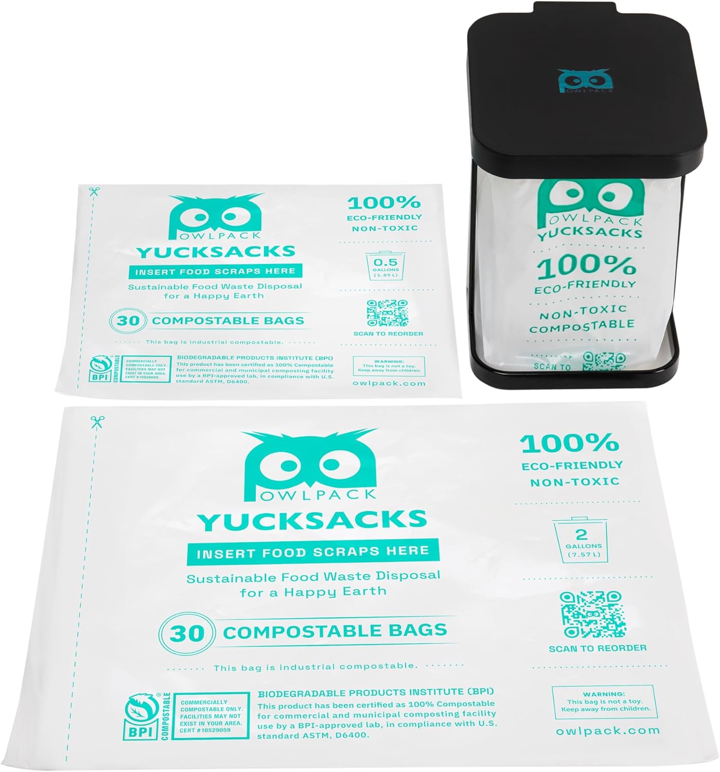 Owlpack Countertop Compostable Yucksacks Bag Starter Kit (0.5 gal + 2 gal Combo + Black Yucksack Holder)