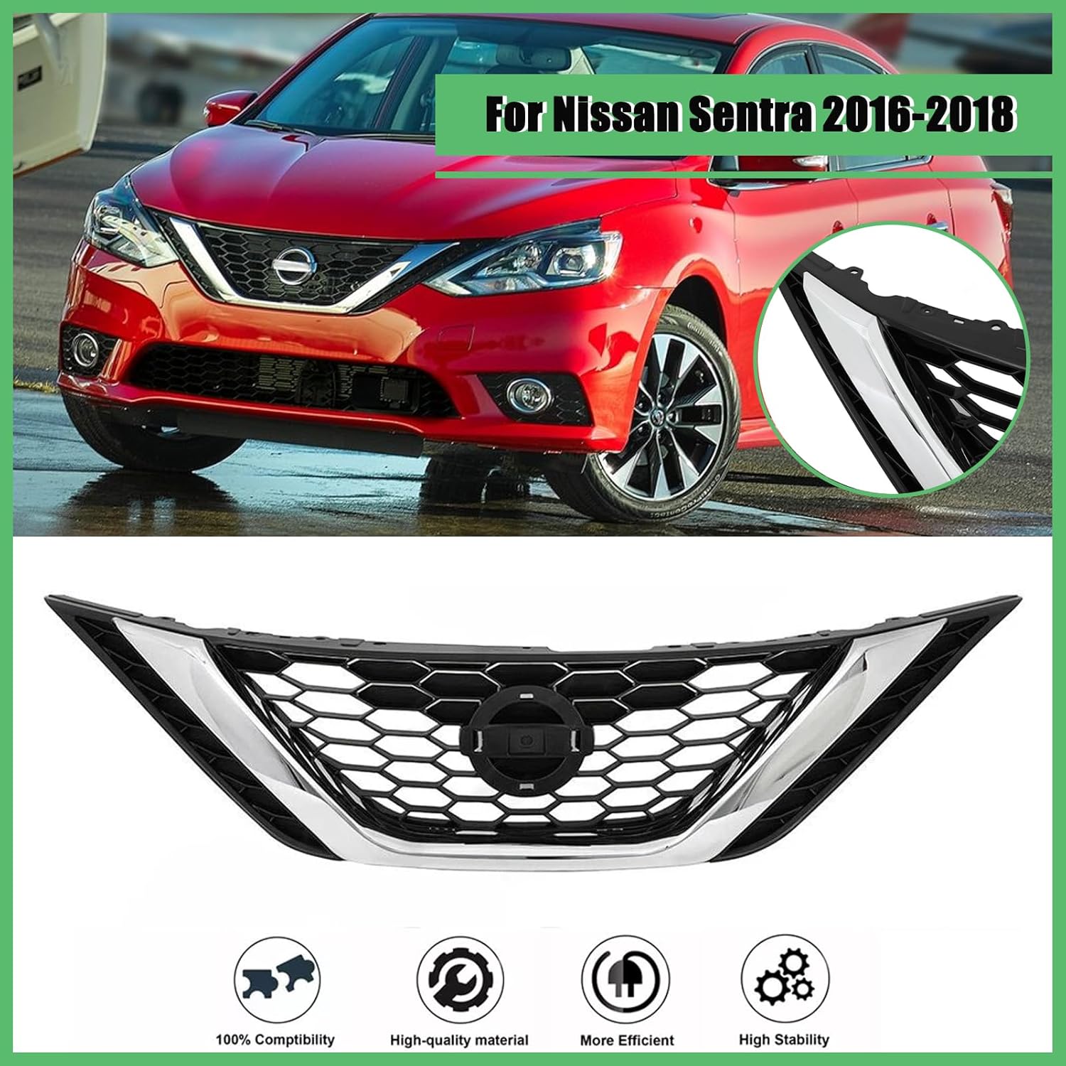 Front Bumper Upper Grille Compatible For Nissan Sentra Grill 2016 2017 2018 62310-3YU0A NI1200279