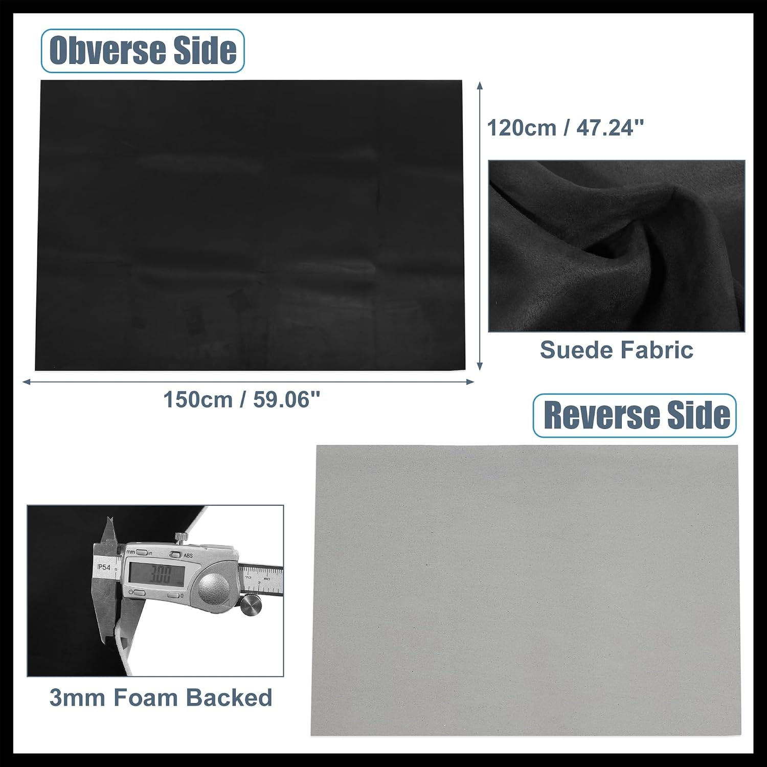 Suede Headliner Fabric 60" Length x 47" Width Foam Backed for Car Truck RV SUV Interior Trim Protect Aging Broken Faded DIY Repair Replacement Black Durable Material