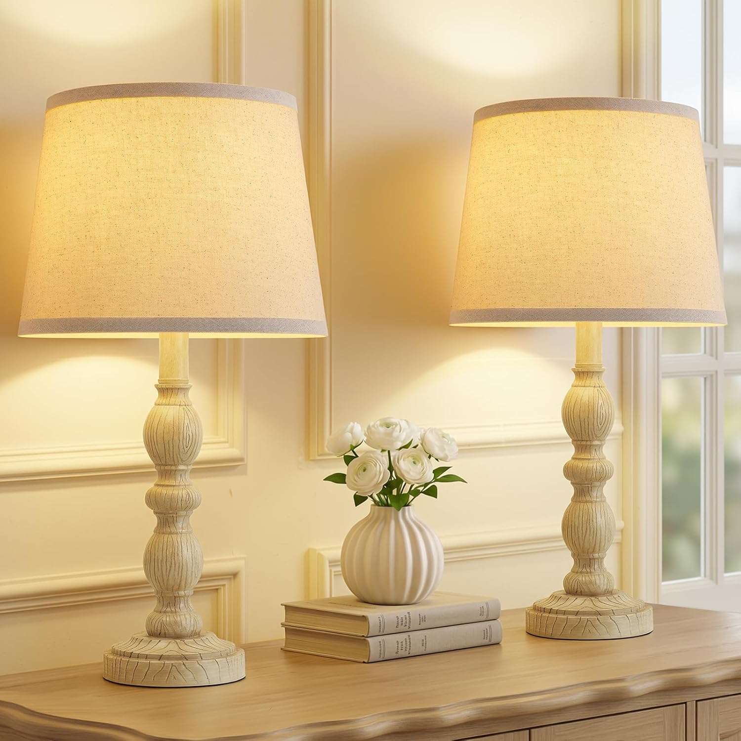 GyroVu Lamps for Bedroom, 20.5" Beside Lamps Set of 2, Farmhouse Nightstand Lamp with Linen Fabric Lampshade, Rotary Switch, Table Lamp for Living Room Bedroom Office (Creamy White)