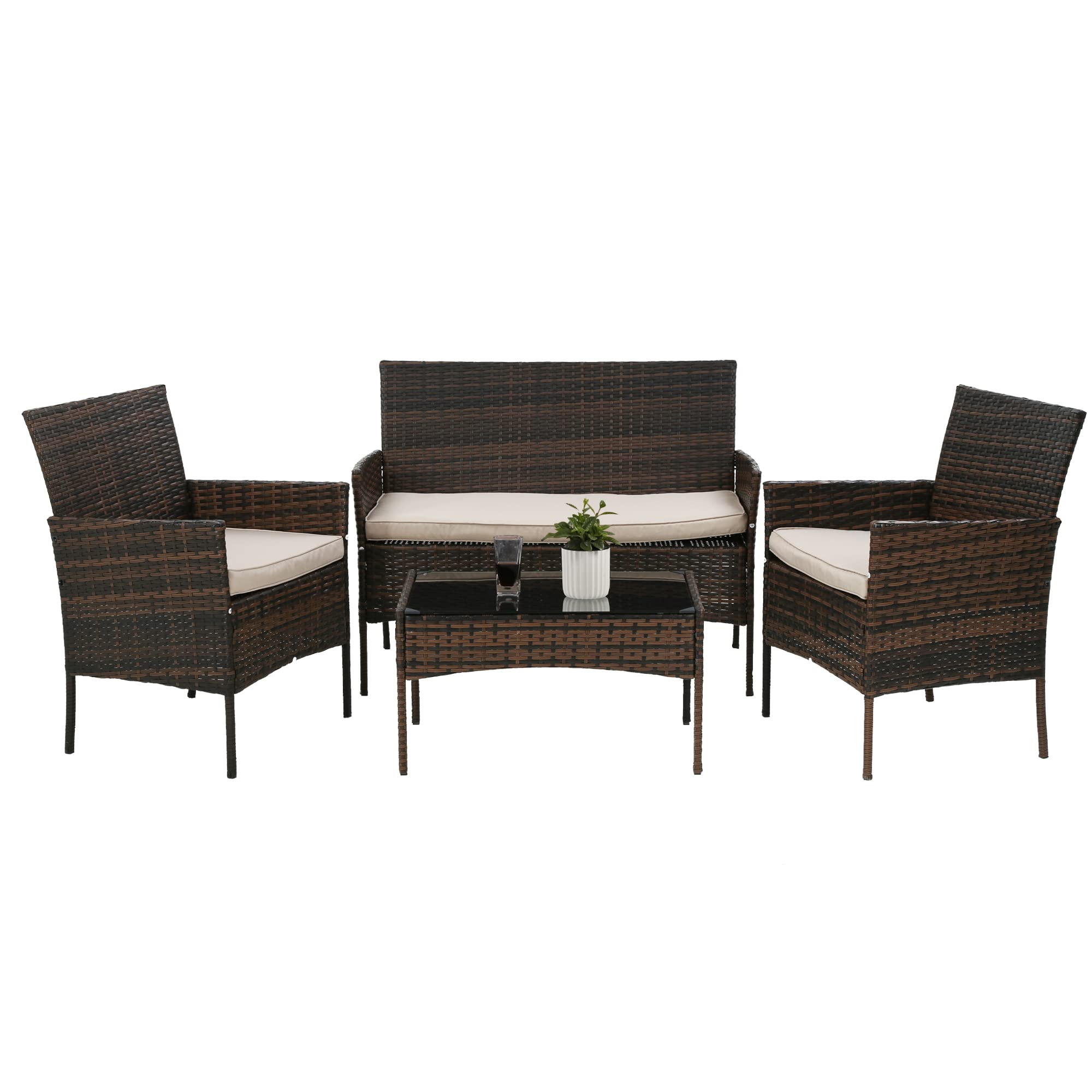 4-Piece Patio Rattan Furniture Set with Cushions, Brown