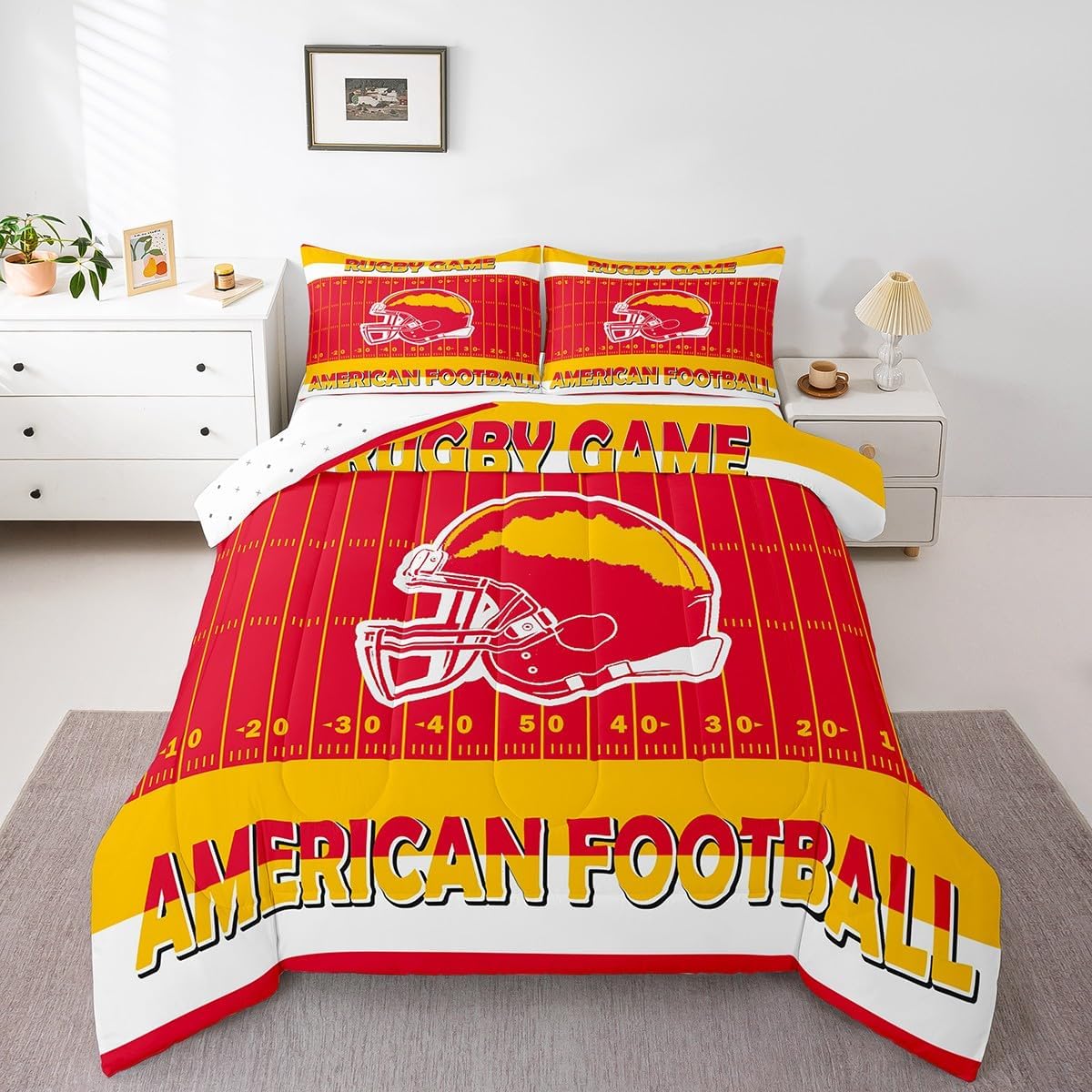 Feelyou Boys American Football Bedding Set Toddle Size Rugby Game Comforter Set for Kids Adult Football Helmet Duvet Set Red Yellow Quilt Set 2Pcs