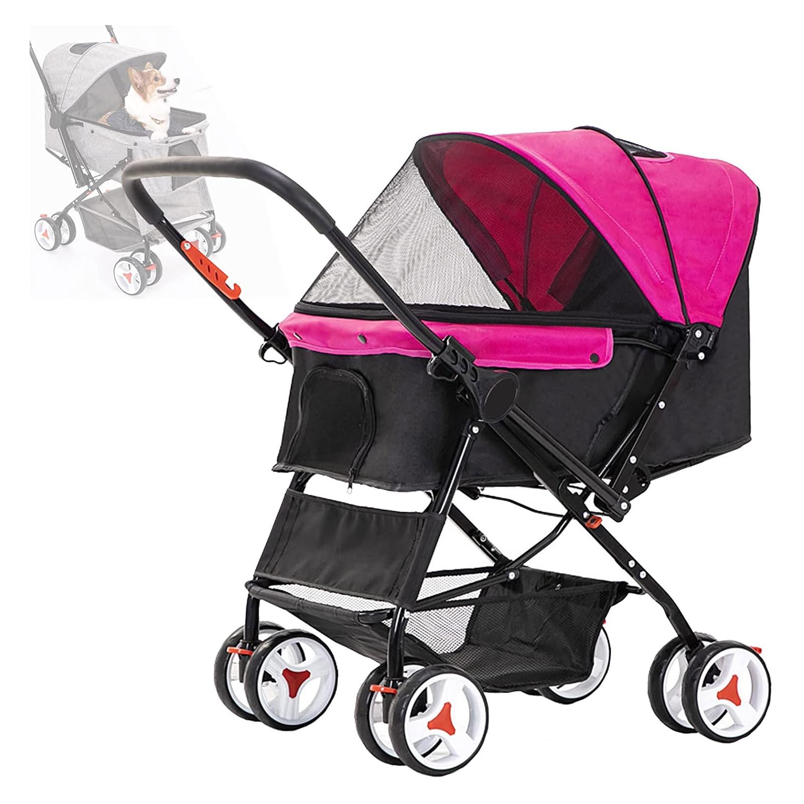 Pahion Pink Pet Stroller 4 Wheels Strolling Cart For Small Cat Dog 3-In-1 Foldable Pushchair Lightweight Jogging Carrier With Storage Basket Easy Fold Max. Loading 15 Kg / 33 Lbs (Color : )