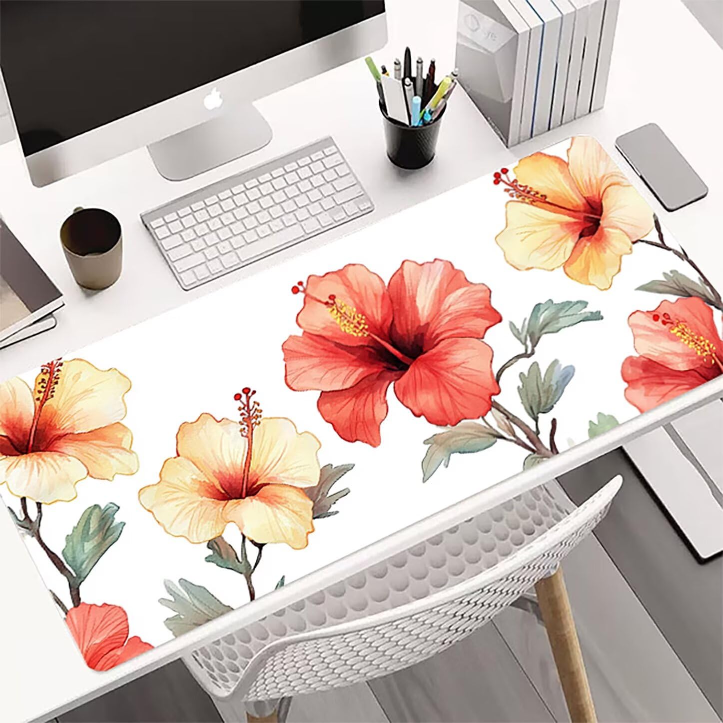 Lpfieonn Blume Großes Schreibtischunterlage, XXL Schreibtischunterlagen, Weiß XXL Wasserdicht Gaming Mousepad mit Vernähter Rand und Rutschfeste Gummibasis, für Laptop/Hause/Büro 120x60cm PF-2781
