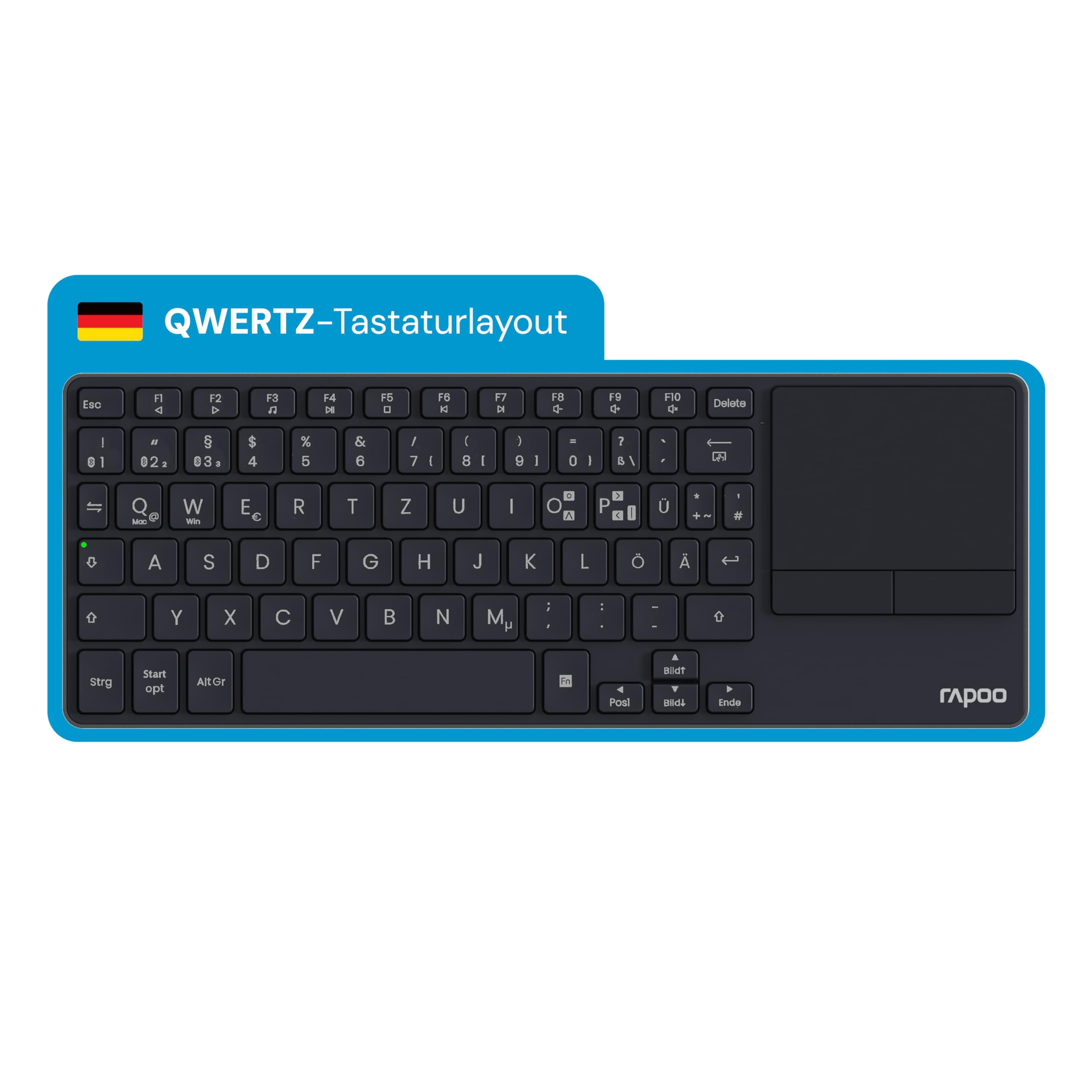 Rapoo E2810M Aluminium - Kabellose TV Tastatur mit Touchpad, Bluetooth & 2.4G USB Wireless, Multi Device bis 4 Geräte, PC, Mac, Tablet, SmartTV, mini Funktastatur klein flach, QWERTZ Layout Deutsch