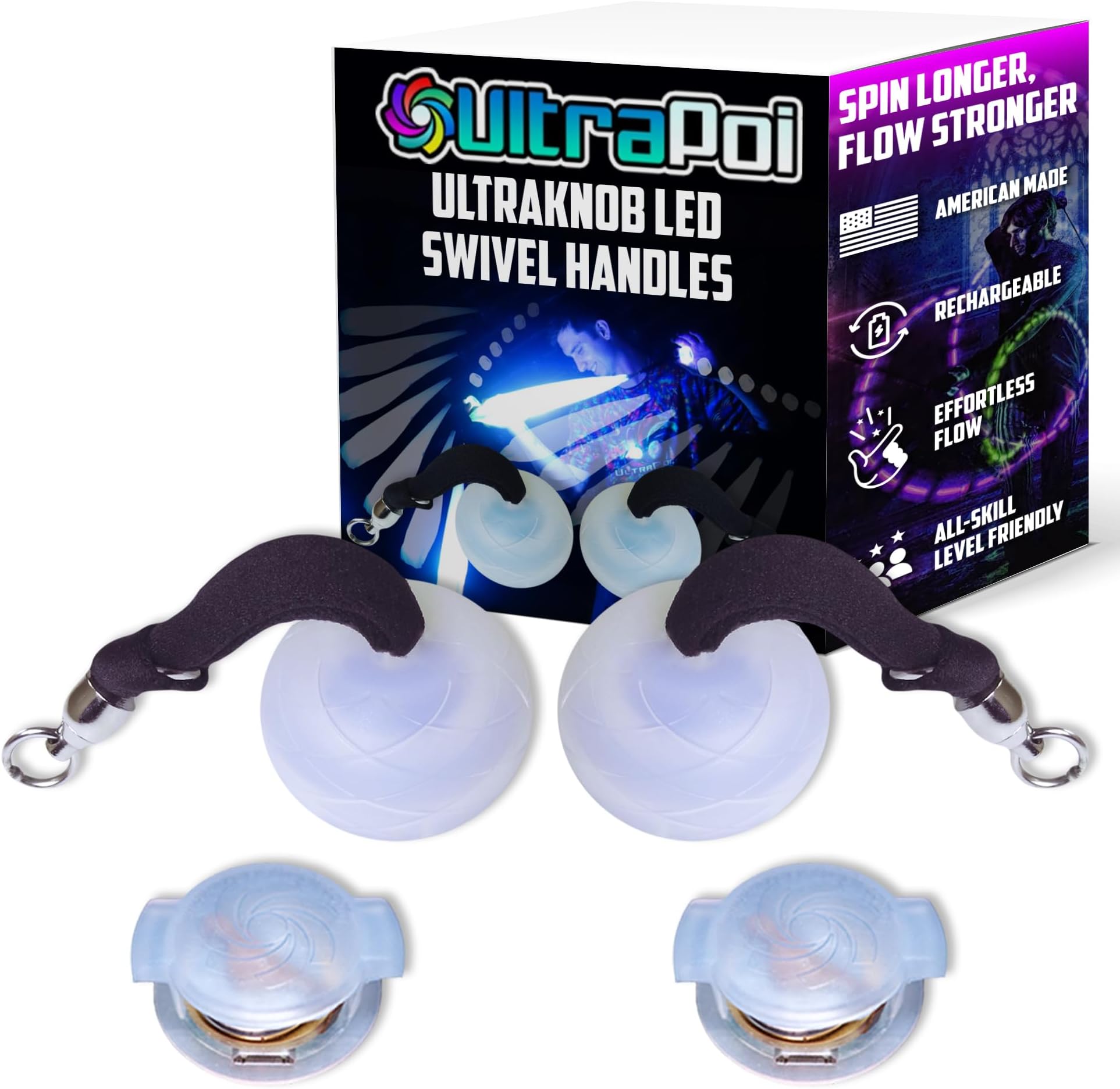 UltraKnob Swivel Handles Set (Pair (2)) - Rechargeable LED Poi Knob Handles - Over 30 Brilliant Rainbow Color Modes & Flashing Patterns - Silicone Knob Set for Poi, Flow Arts & Light Spinning