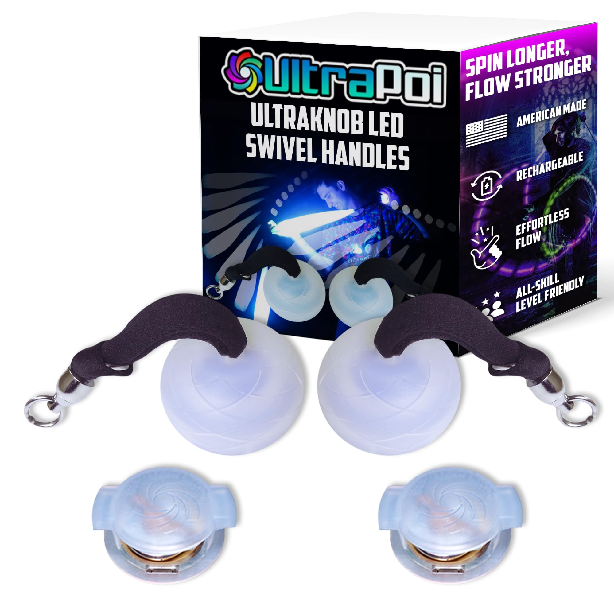 UltraKnob Swivel Handles Set (Pair (2)) - Rechargeable LED Poi Knob Handles - Over 30 Brilliant Rainbow Color Modes & Flashing Patterns - Silicone Knob Set for Poi, Flow Arts & Light Spinning