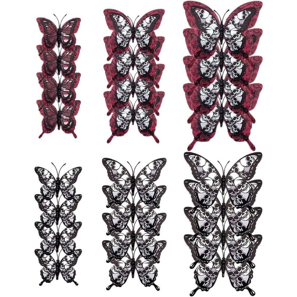 Casiler 24pcs Halloween Butterfly Wall Stickers 3d Stereo Butterfly Skull Rose Wall Stickers Wall Decorations Halloween Wall Decals