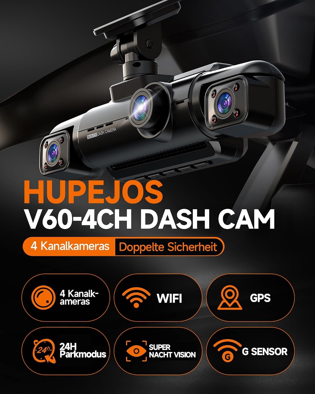 HUPEJOS 4 Kanal Dashcam Auto Vorne Hinten, 4K 360 Grad Kamera Auto, V60