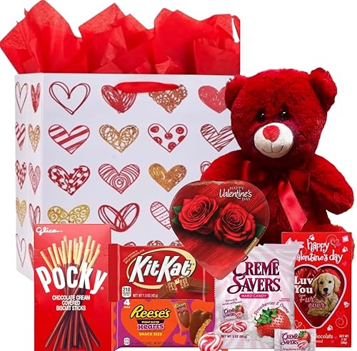 Miniatura 2 de Juego de cestas de regalo para el día de San Valentín, peluche de oso de peluche (rojo o blanco), chocolate con corazón Elmer, barra de chocolate