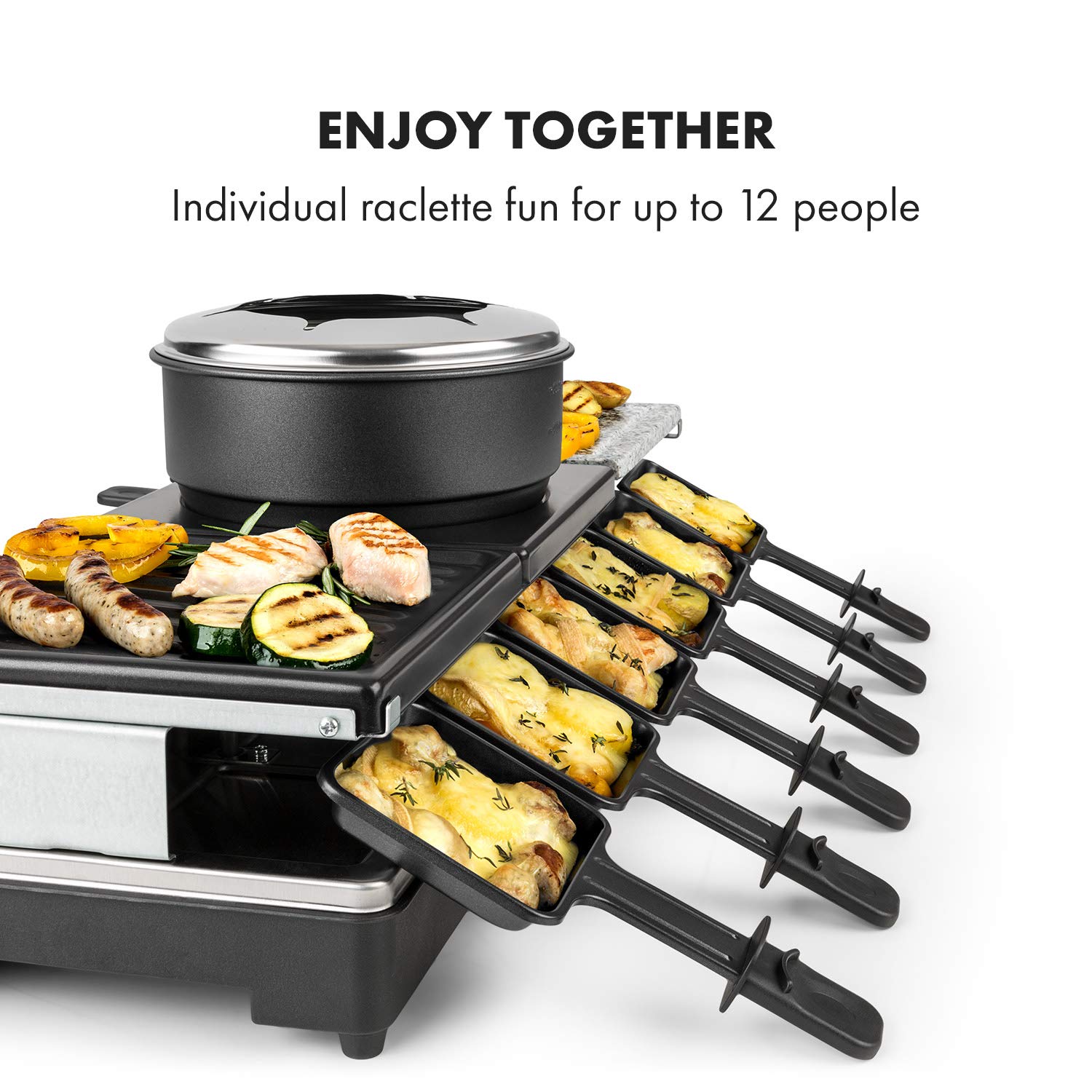 Klarstein Fonduelette XL - Set de Raclette y Fondue 3 en 1, 1650 Vatios, 3 Placas de Parrilla: Metal/Piedra Natural/Crepes, 3 Resistencias Inox Separadas, hasta 12 Personas, Antiadherente, Negro