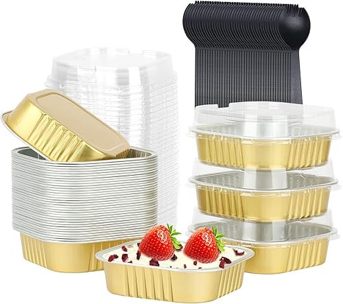 Vista 14 de LNYZQUS - Paquete de 40 moldes cuadrados para cupcakes con tapas de 5 onzas, moldes de papel de aluminio para mini pasteles, ramequines desechables