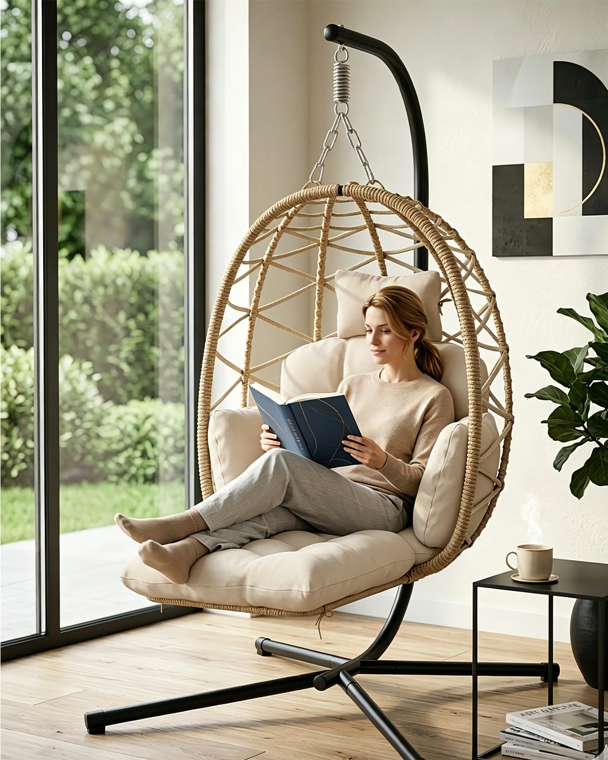 Hängesessel mit Gestell, Hängestuhl Outdoor mit Abnehmbarer Fußstütze, Garten Hängesessel mit Dickem Sitzkissen & Waschbarem Bezug, Hängeschaukel Bis 150kg, Hängestuhl für Leseecke Balkon Terrasse