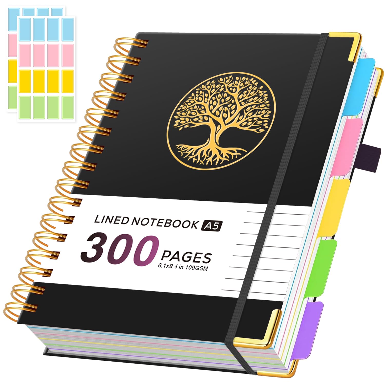 ROBCURSE A5 Spiral Notebook With Dividers, 5 Subject Notebook With 300 Pages/150 Sheets 100GSM Lined Paper, No Bleed, 5 Project Notepad For Writing Note Taking, School Office Supplies, 14.7 X 21 Cm