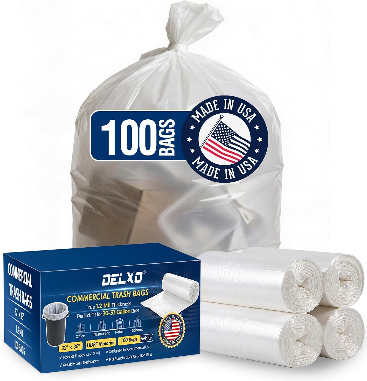 Delxo 30-33 Gallon Trash Bags, 1 Mil Commercial Clear Garbage Bags, 32” x 38” Medium Duty Large Plastic Trash Bags, Commercial Liners for Office, Retail & Paper Waste, Made in USA, 100 Count
