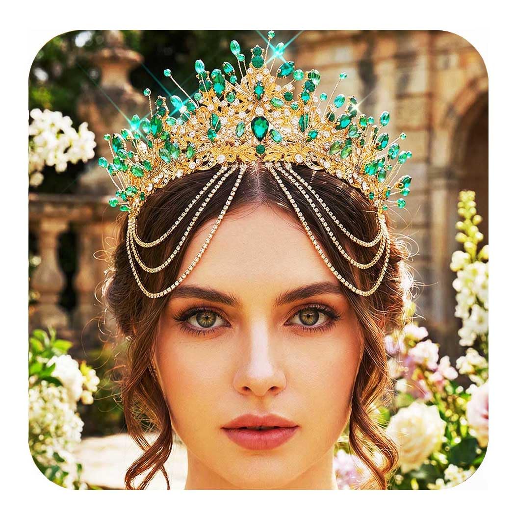 Kilshye Green Queen Crown Gold Rhinestone Wedding Crowns and Tiaras for Women