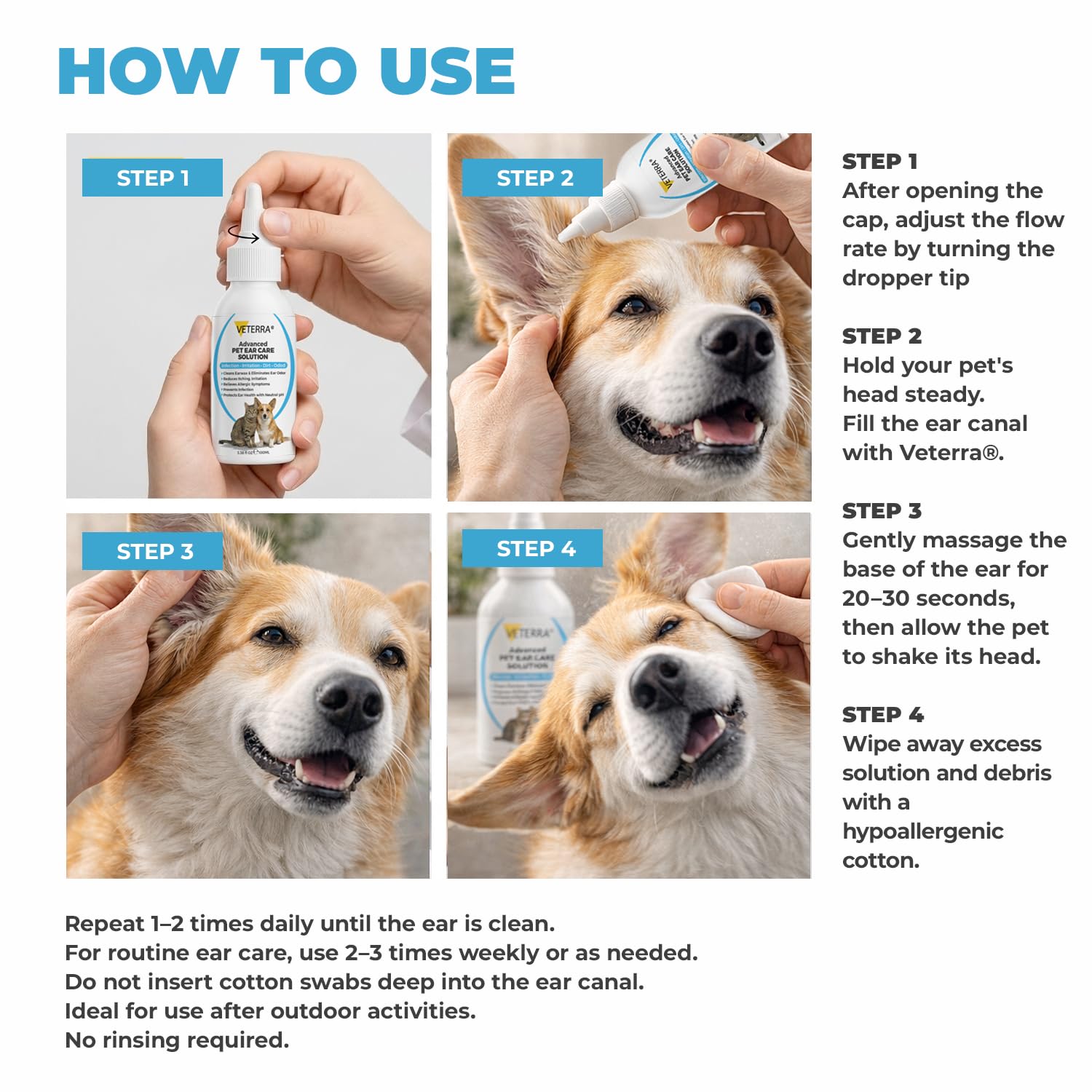 Veterra Dog Ear Cleaning Solution for Dogs & Cats – Vet Recommended Ear Cleaner, Helps Remove Wax & Odor, Supports Healthy Ears, Gentle No-Rinse Formula - 3.38 Oz - 100 Ml - image 3