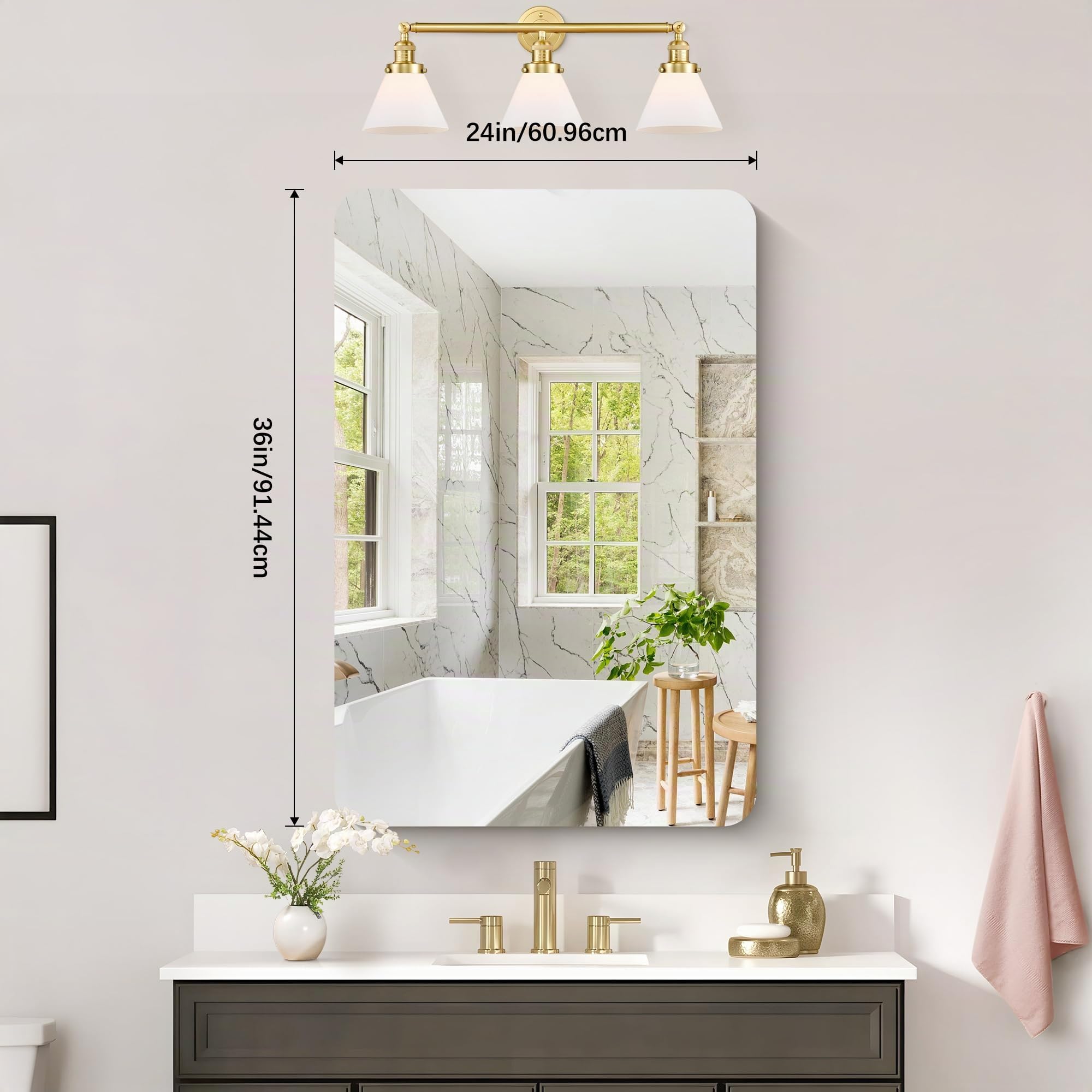 KOCUUY Miroir de Salle de Bain rectangulaire sans Cadre, Miroir Mural de 60x90 cm, Miroir en Verre incassable, réflexion HD, Coins arrondis, adapté à la Salle de Bain, la Chambre à Coucher