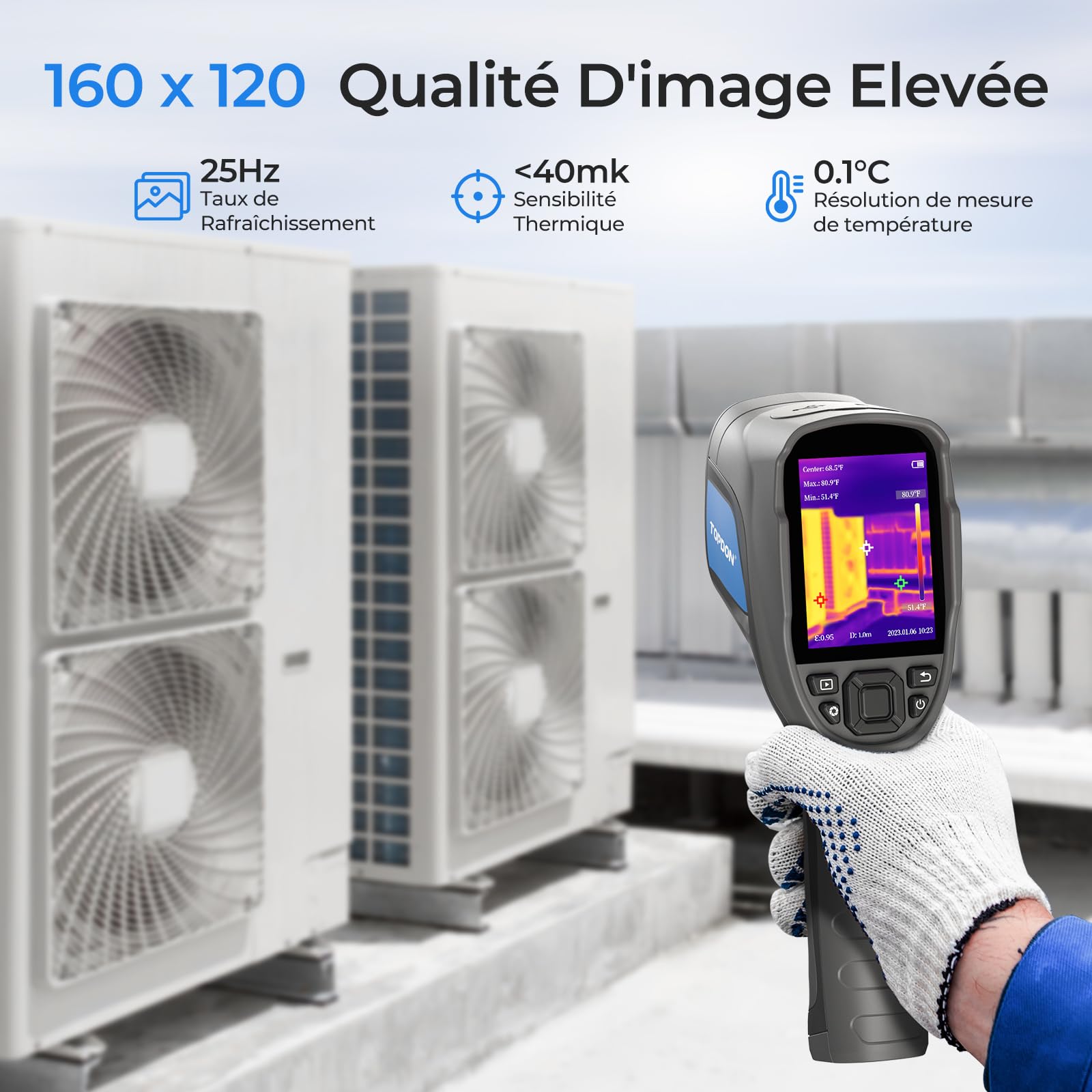 TOPDON Caméra thermique TC004 Lite, résolution thermique 240 x 180, Autonomie de la batterie de 15 heures, Zoom d'image 2X/4X, plage de température:-20 °C à +550 °C