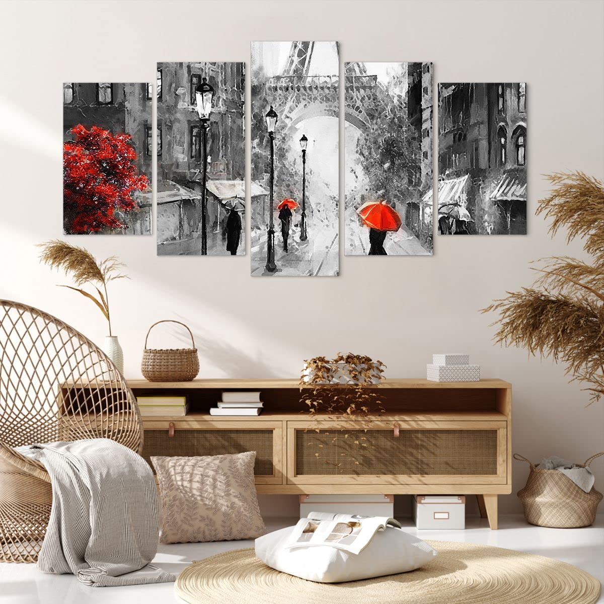 Deco Cadre Décoration Salon Paris ville maison Moderne Impression sur Toile 160x85cm Image Tableau Decoration Murale Chambre Triptyque 5 parties Art Wall Tableaux Decoratifs Muraux EA160x85-3942