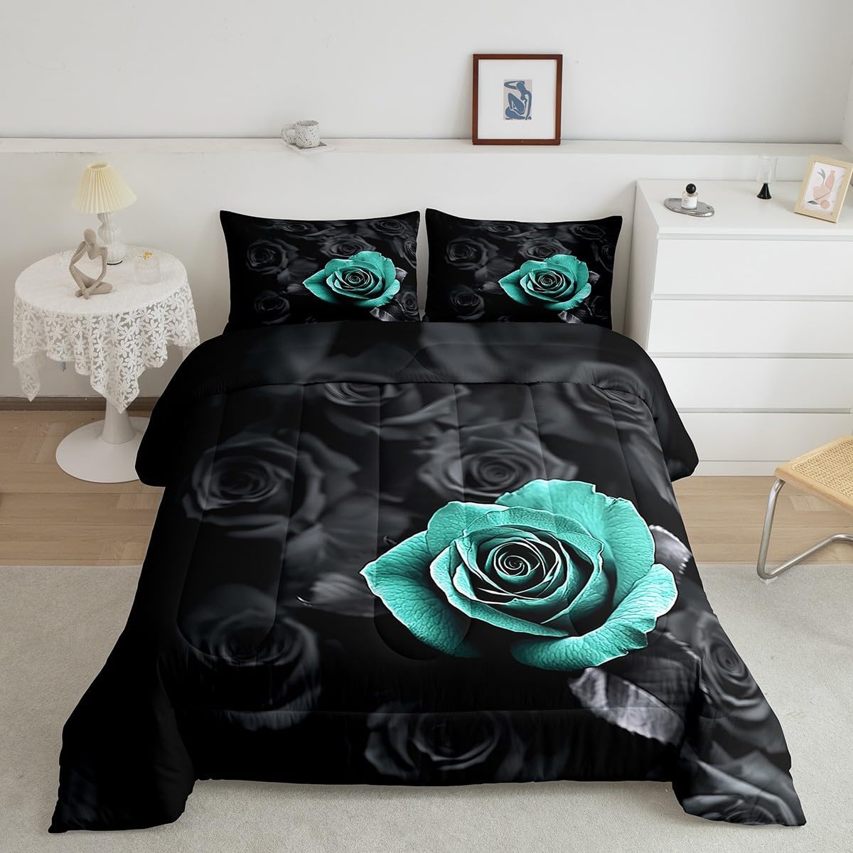 Erosebridal Black and Teal Rose Comforter Set Queen Romantic Flowers Bedding Set,3D Roses Comforter Set for Women Girls,Couple Wedding Valentines Day Bedroom Decor Blossom Floral Bed Set 3Pcs image 4