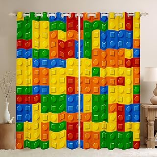 Feelyou Colorful Toy Window Curtains for Bedroom Teen Funny Building Blocks Decor Window Drapes Treatments Colorful Geometric Brick Curtains Cute Blue Yellow Green Room Decor, 52W X 84L,2 Panels