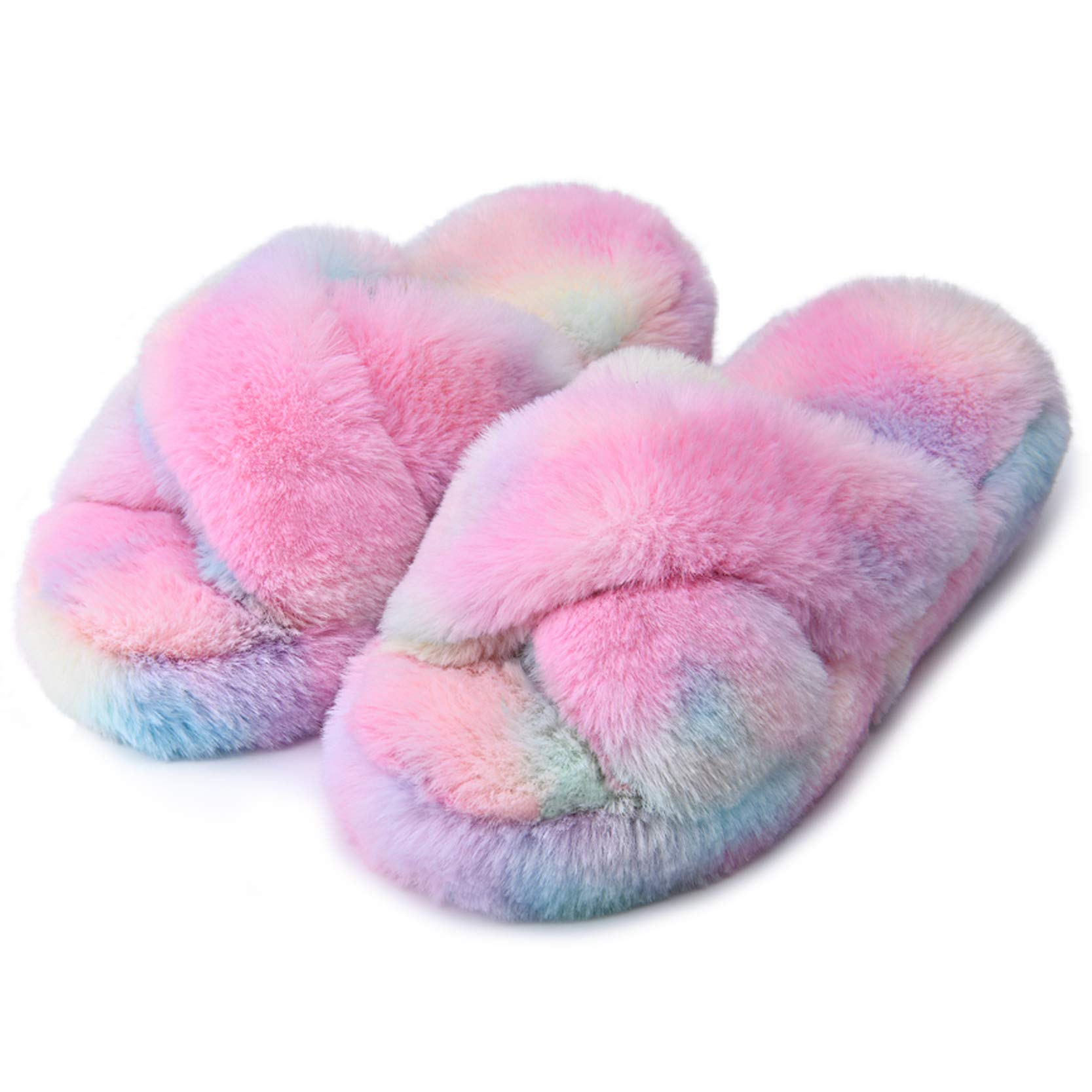 DL Fluffy Womens House Slippers Cross Band Open Toe, Soft Plush Fleece  Bedroom Slippers Women Memory Foam, Comfy Fuzzy Slip On Non-Slip Womens