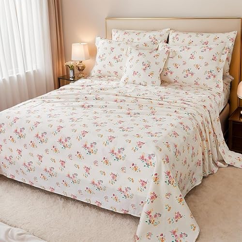 Juego de sábanas tamaño King, ropa de cama de campo francés extra suave, 100% algodón, juego de sábanas florales rosas con diseño botánico de 5