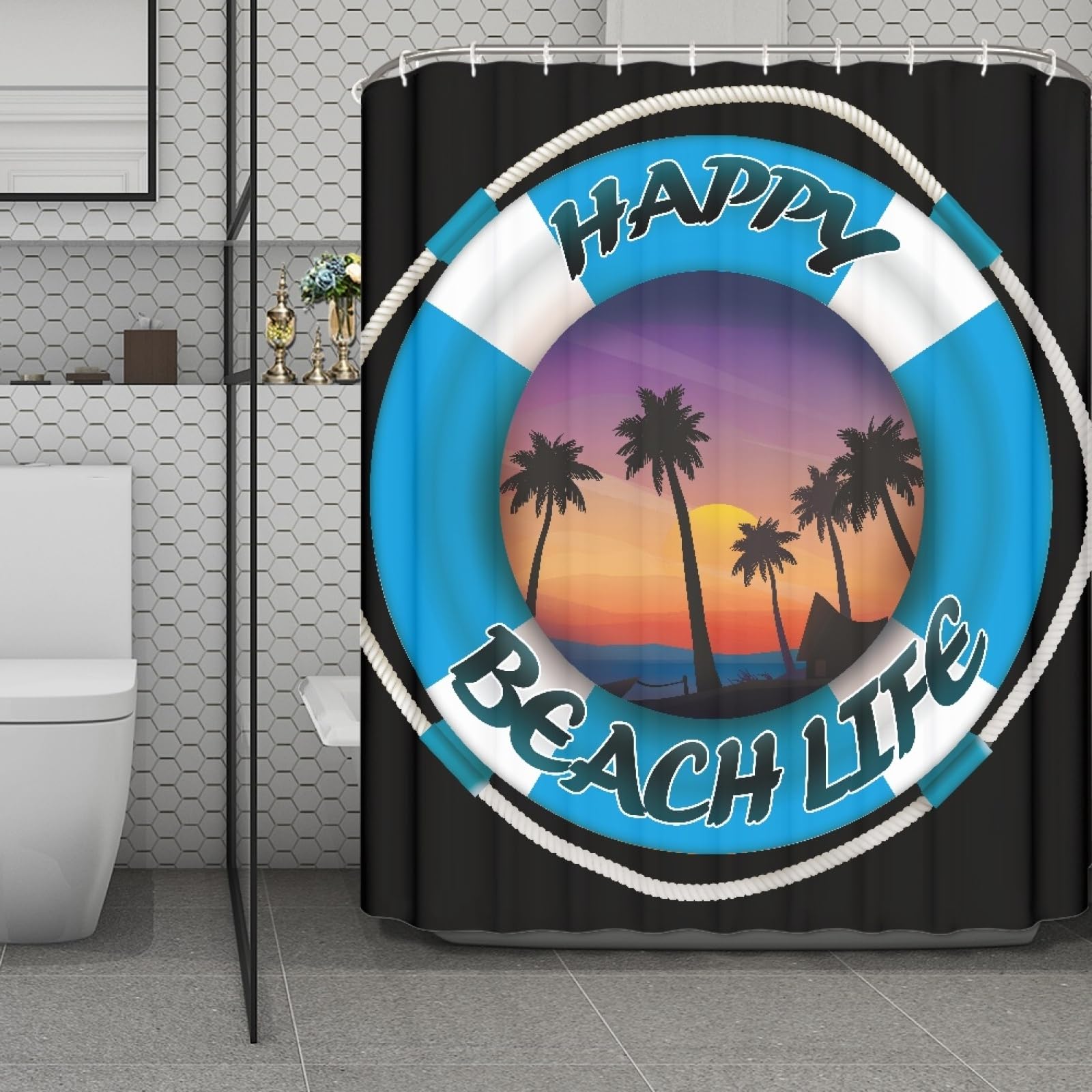 Rideau de douche séchage rapide hydrofuge grand format bleu blanc 200x240cm