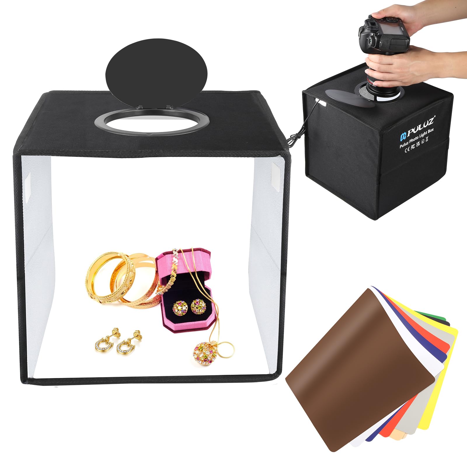 Mini Photo Light Box 25cm, PULUZ Photo Booth Portable Update 104 LED Light Beads Photography Lightbox Shooting Tent Studio Box with 6 Piece Backdrop Kit for Small Product Photography Accessories