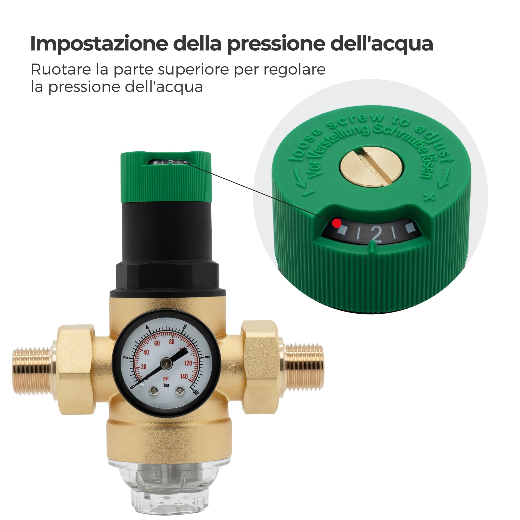 Vancoco Riduttore di Pressione Acqua con Filtro, Valvola di Riduzione della Pressione dell'Acqua 1/2 Pollici DN15 in Ottone con Manometro