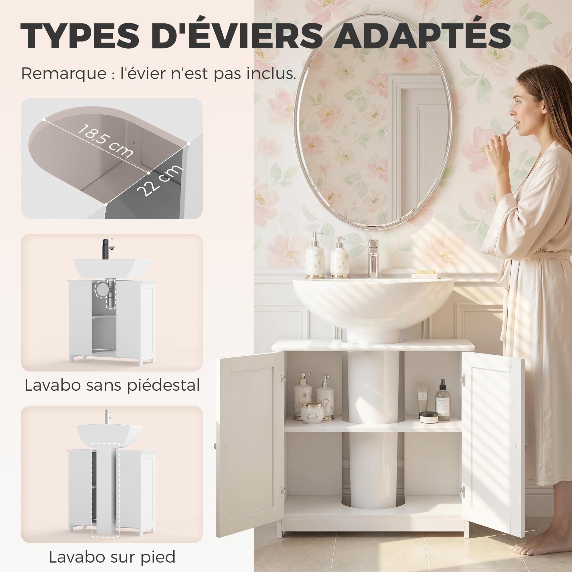 kleankin Meuble Salle de Bain sous lavabo - Meuble sous-Vasque - Placard 2 Portes avec étagère - dim. 60L x 30l x 60H cm - en Bois Blanc