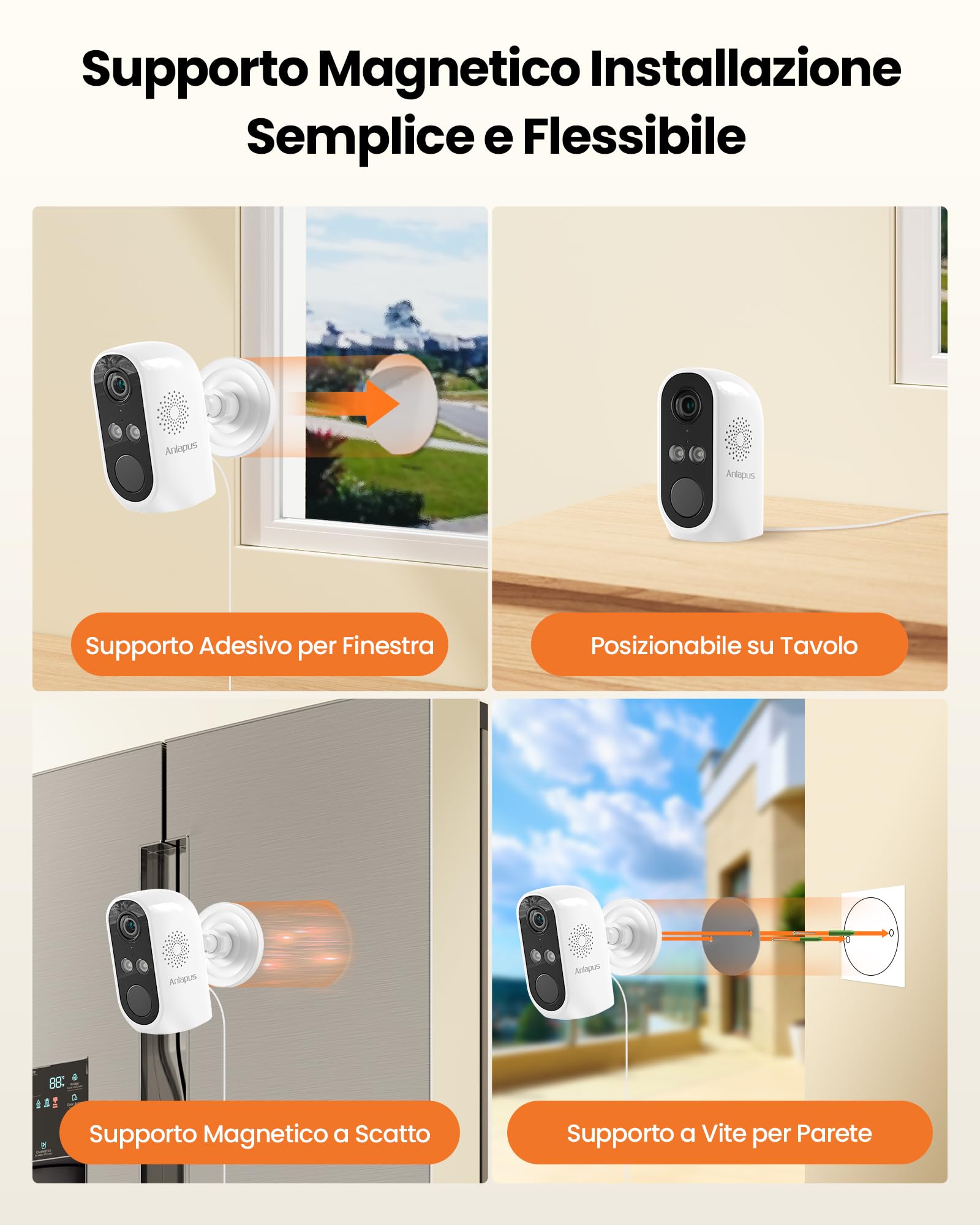Anlapus 2K, 3MP Confezione da 2 Telecamere di Sorveglianza WiFi 6 Esterno/Interno, Visione Notturna a Colori, Rilevamento Persona/Veicolo, Allarme Acustico e Luminoso, Registrazione 24/7