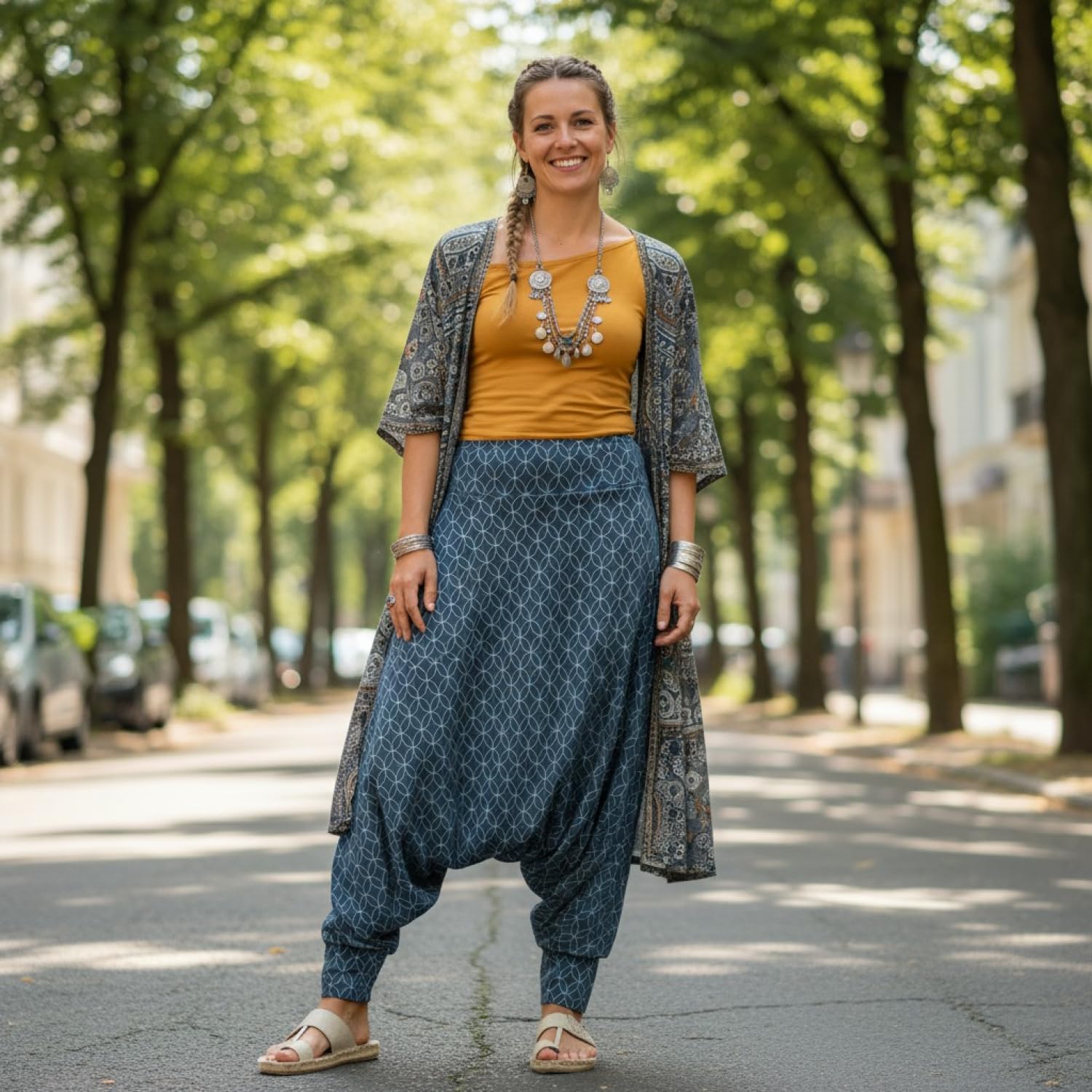 GURU SHOP Afghani - Pantalones de algodón orgánico, harén orgánico, pantalones de yoga, pantalones de Aladino, para mujer, Majólica, 42