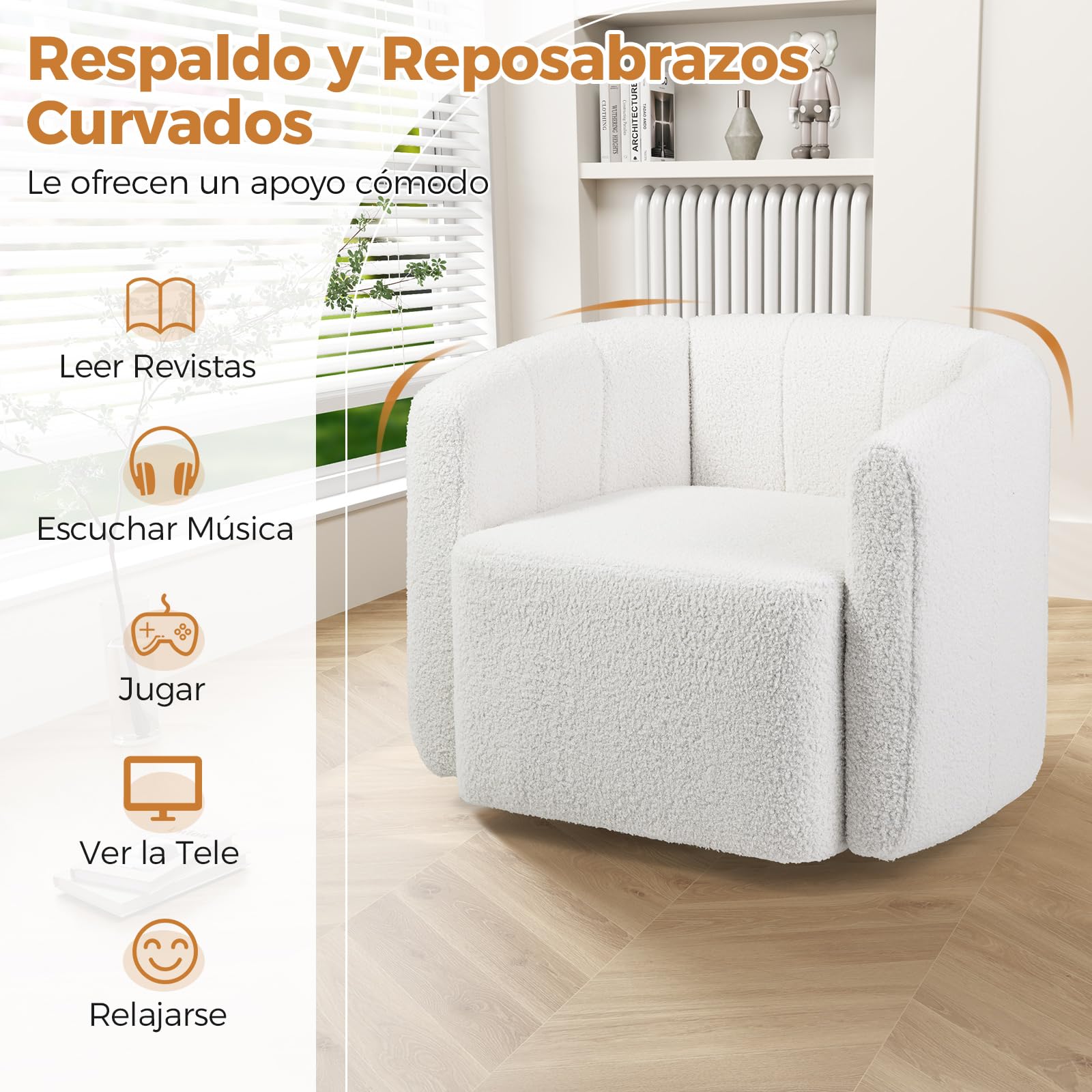 COSTWAY Sillón de Salón Giratorio 360°, Sillón para Leer Tapizado en Sherpa con Respaldo Curvado y Descansabrazos, Sillones Modernos de Salón con Forma de Calabaza para Sala de Estar, Dormitorio
