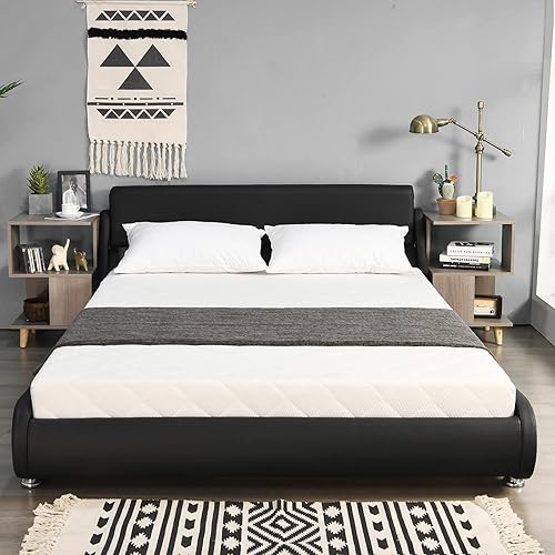 Miniatura 7 de NAFORT Base de cama tamaño Queen tapizada con cabecera ajustable curvada, moderna cama de plataforma de piel sintética de perfil bajo, soporte de