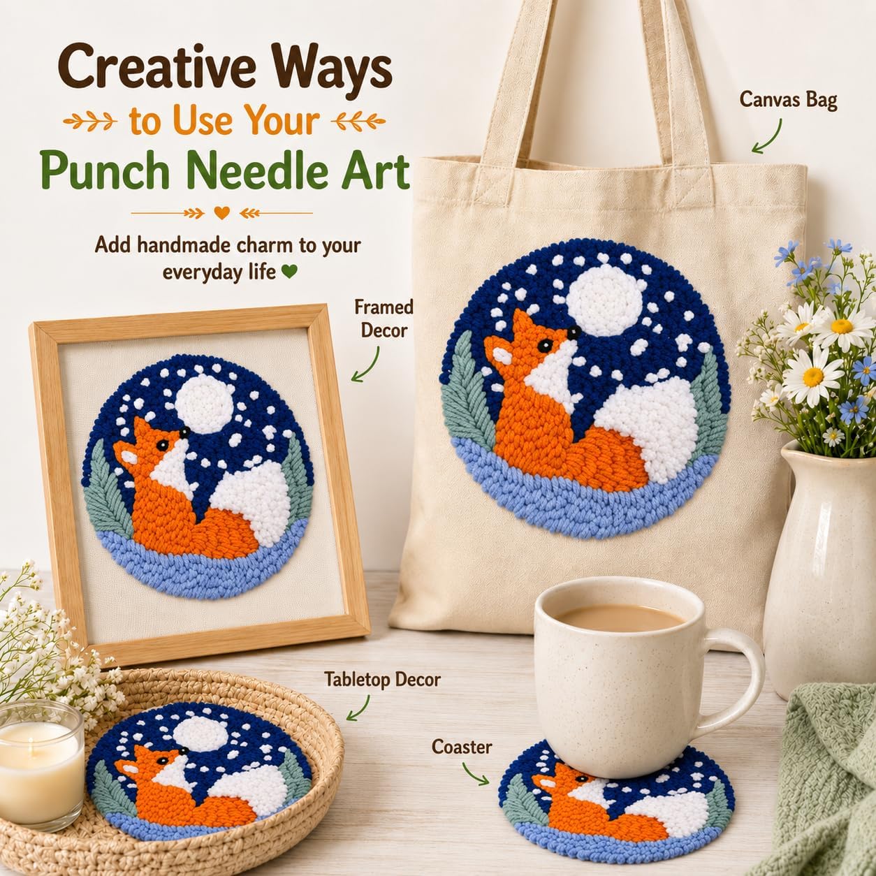 Punch Needle Kit for Beginners, Punch Stitching Kit for Adults, Needle Punch Kits for Adults with Fox and Moon Design, Ideal for DIY Crafts, Embroidery, and Gifts for All Ages