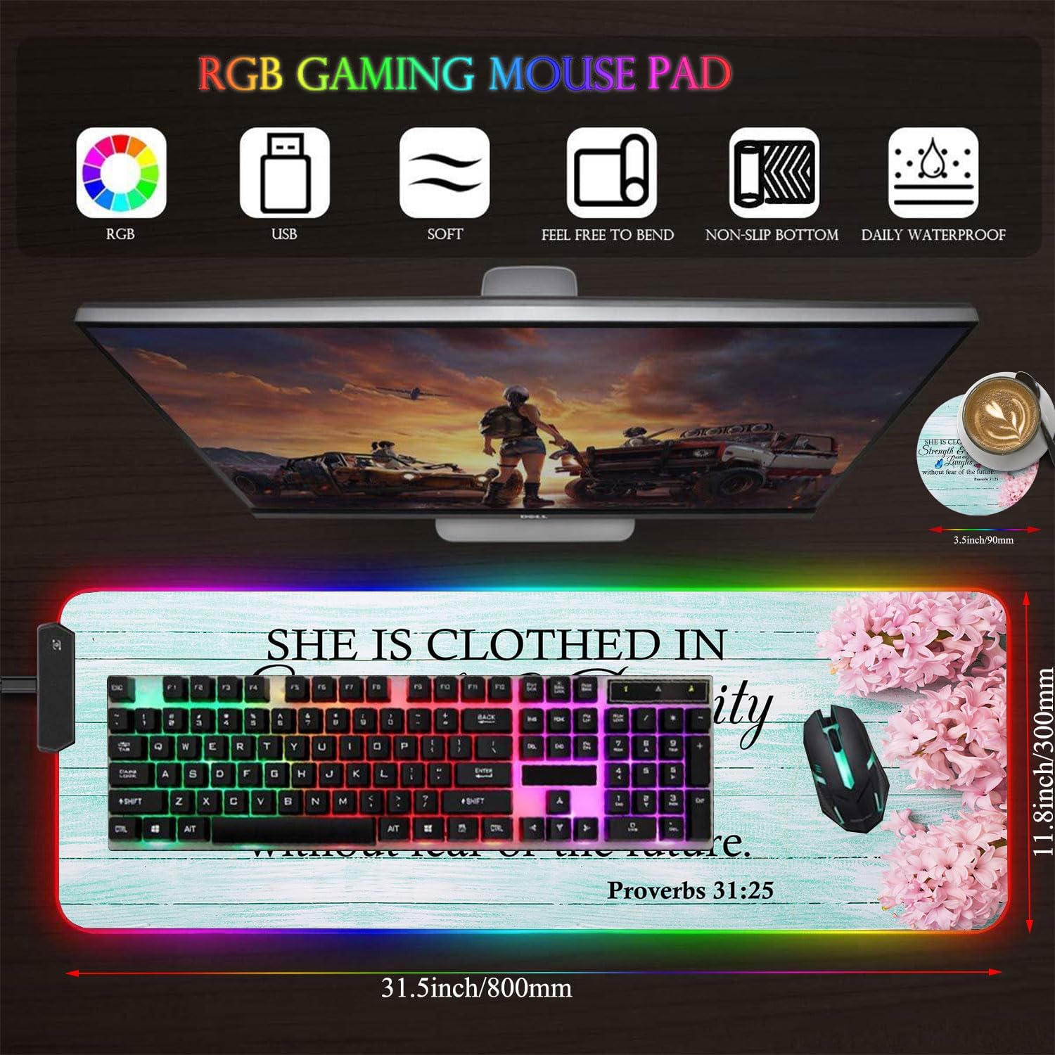 Customized RGB Gaming Mouse Pad and Coffee Coaster,Large Glowing Led Anti-Slip Rubber Base Computer Keyboard Desk Mouse Mat 31.4x11.8 Inch,Pink Hyacinth Bible Verse Proverbs 31-25
