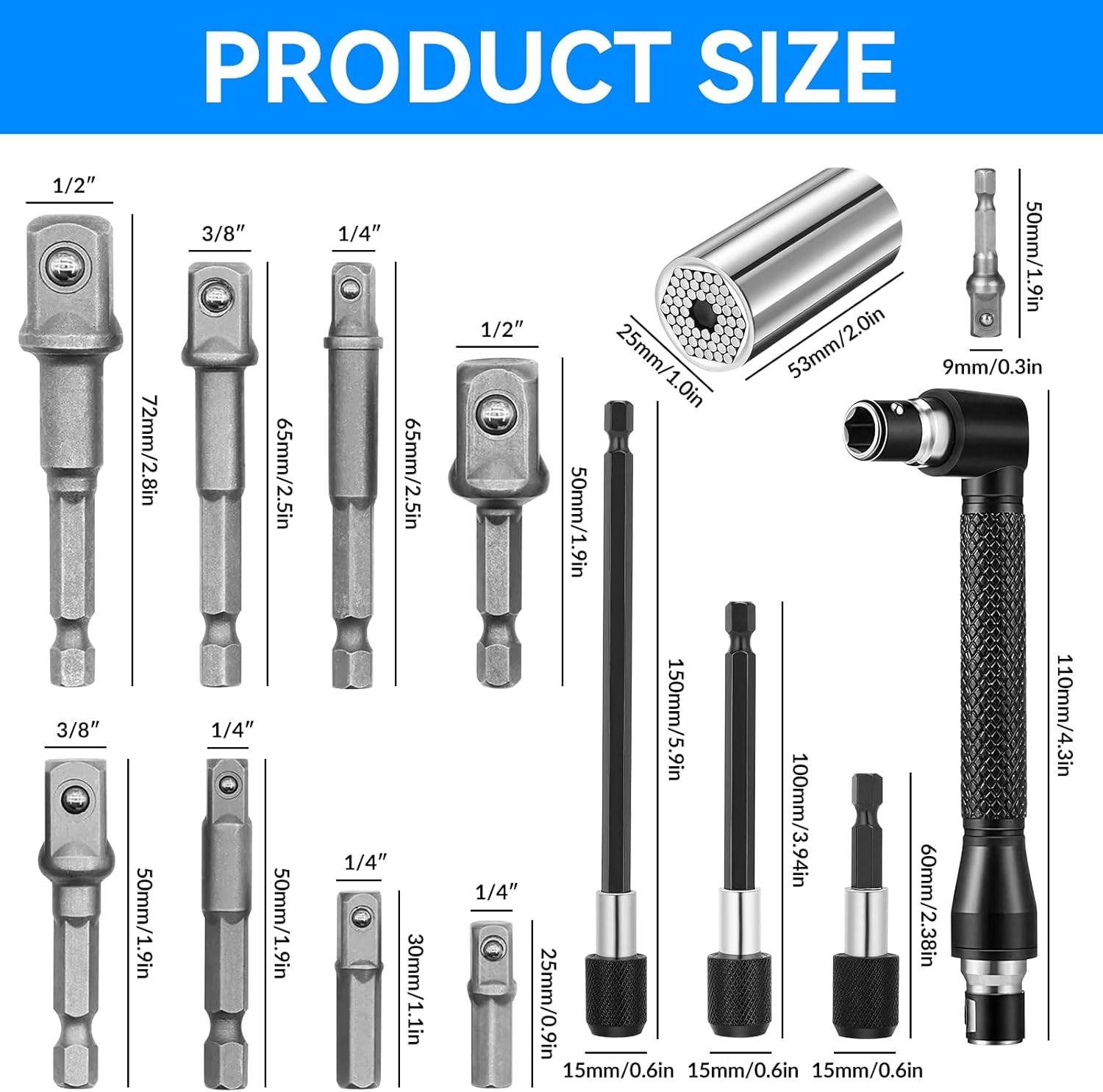31 Pcs Flexible Drill Bit Extension Set,105° Right Angle Drill Attachment, 1/2 3/8 1/4 inch Universal Hex Socket Adapter, Rotatable Socket Wrench Tools, Drill Bit Holder Screwdriver with Box(Silver)