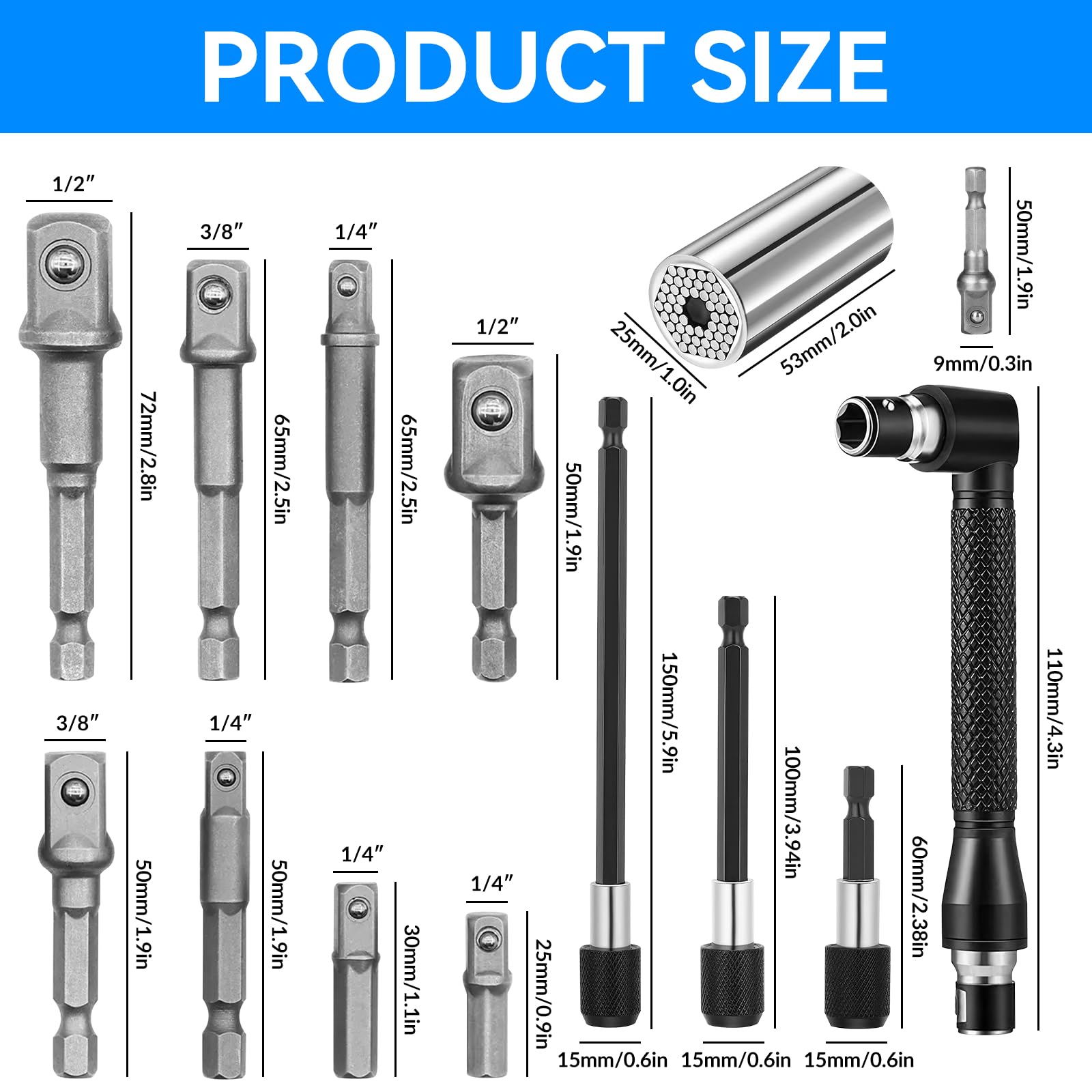 31 Pezzi Prolunga Flessibile per Punte da Trapano, Adattatore per Trapano ad Angolo Retto a 105 Gradi, 1/4" 3/8" 1/2" Adattatore Esagonale, Prolunga Flessibile Drill Bit Holder,Accessori Avvitatore