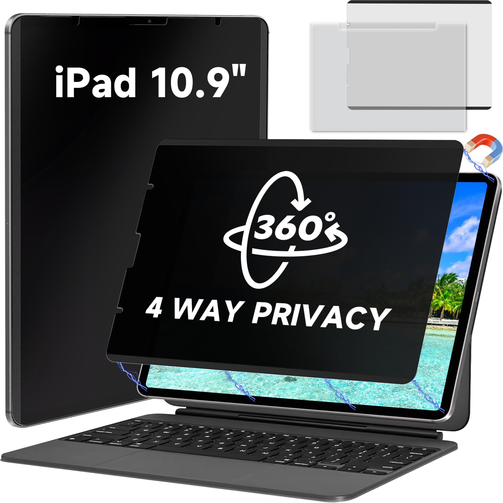Magnetic 360° Privacy Screen Protector Compatible with iPad A16 (10th/11th Generation) 10.9/11 Inch 2022/2025 , Anti Glare Shield Anti Blue Light Filter, Bubble-Free Film Easy Install Black Guard