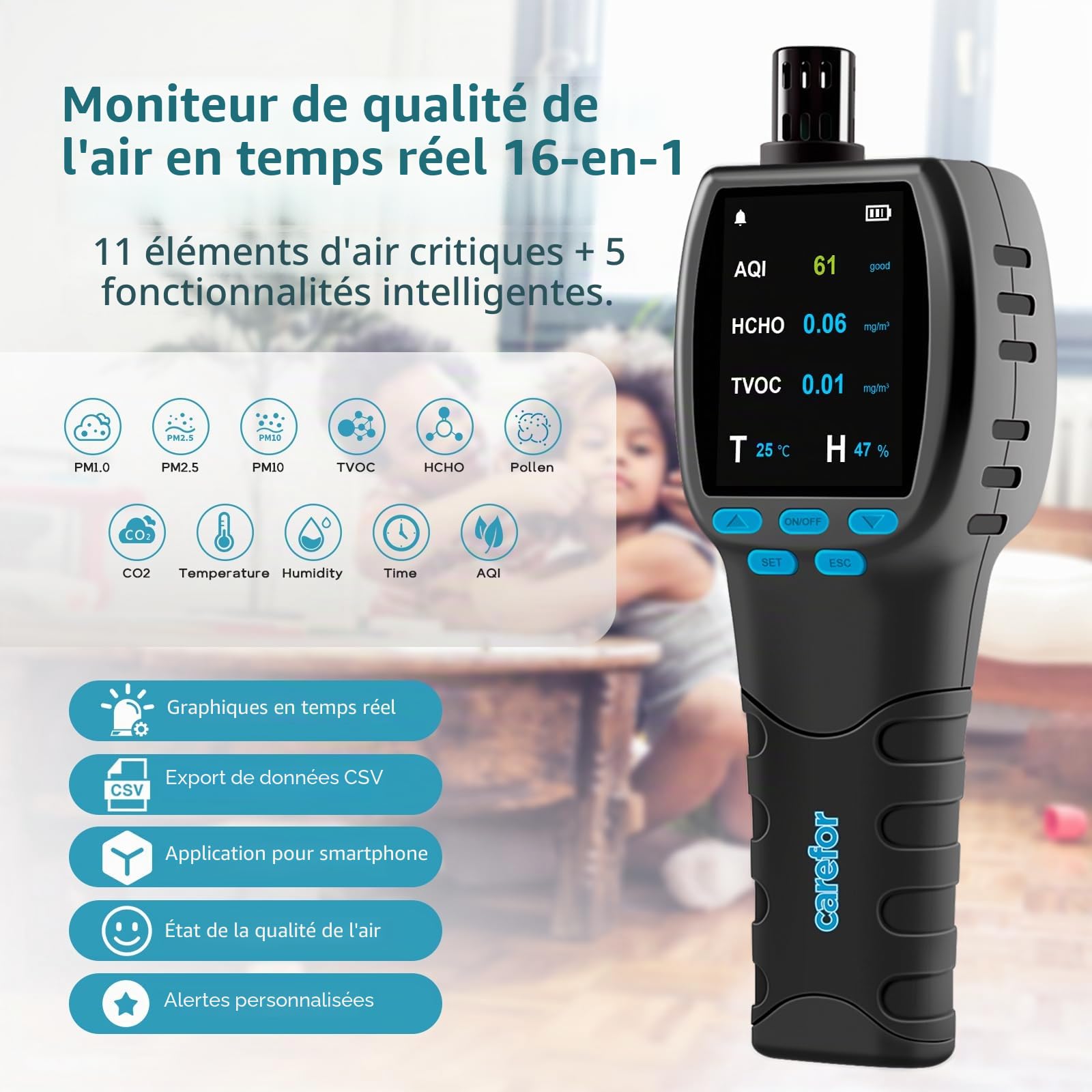 Upgraded CF‑60 PP SMART Moniteur professionnel de qualité de l'air, graphiques à l'écran sur 12 heures et rapport CSV pour la maison, le bureau, le laboratoire et la prévention des moisissures