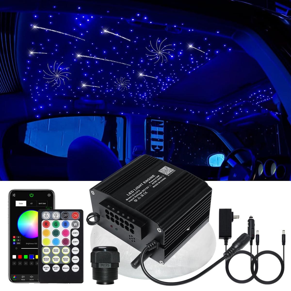 AZIMOM 2-in-1 Twinkle Meteor Fiber Optic Starlight Headliner 300pcs 0.03in 9.8ft Twinkle Stars+180pcs Shooting Star Sound Mode APP& Remote Control Starlight Meteor Kits for Car Home Ceiling