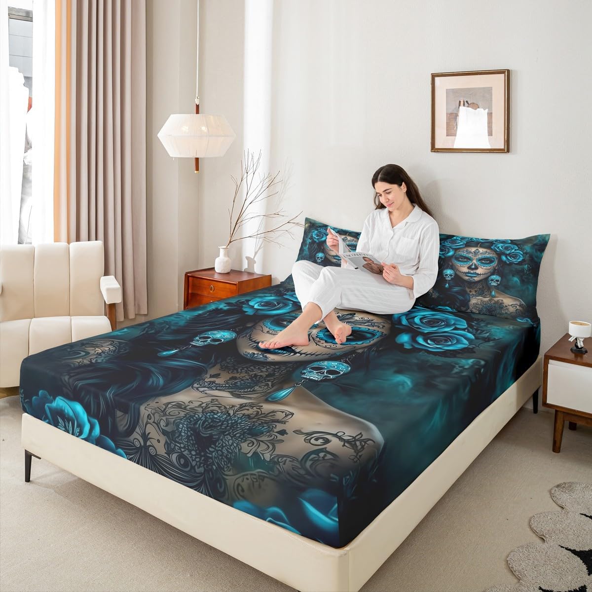 Erosebridal Sugar Skull Bed Sheets Full Teal Rose Floral Fitted Sheet Gothic Rose Skull Bedding Set for Adults Men Women,Halloween Bed Cover 3 Pcs