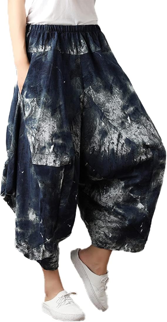 Amazon 青 ワイドパンツ レディース ブルー ゆったり クロップドパンツ 七分丈 ポケット付き ファッション 綿 麻ガウチョパンツ リラックス カジュアル サルエルパンツ 大きいサイズ 夏 F エスニック フリーサイズ リラックスパンツ ロングパンツ 通販
