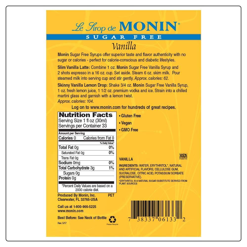 Monin - Jarabe de vainilla sin azúcar, sabor a grano de vainilla, ideal para café, cócteles y latones, sin gluten, sin OMG (1 litro, 2 unidades)