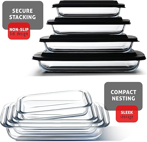 Miniatura 5 de Eatex Cacerola de vidrio profundo de 8 piezas para horno con tapas de plástico, platos de vidrio para horno, utensilios rectangulares para hornear