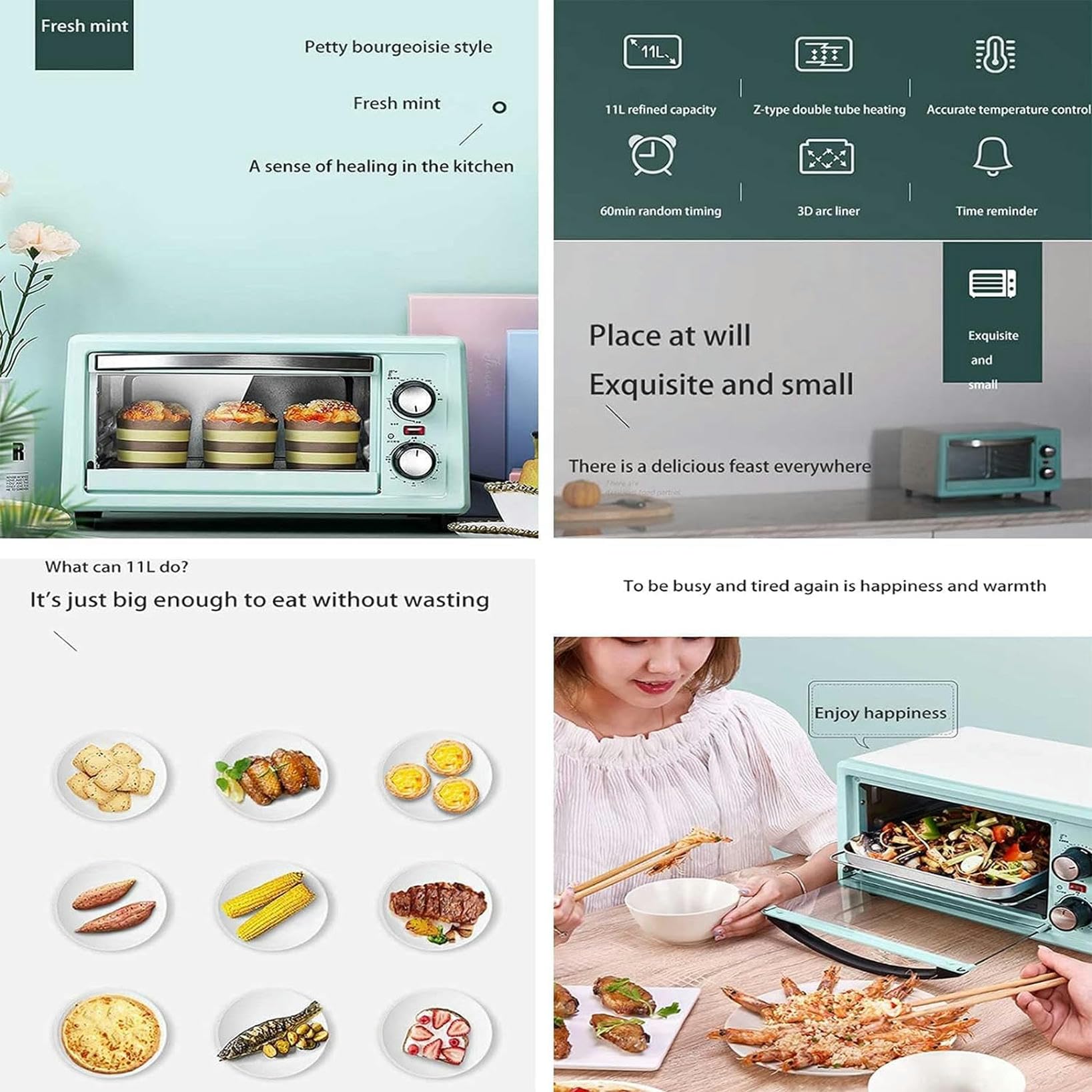 Horno eléctrico doméstico Mini Horno Máquina para Hornear automática multifunción Control de Temperatura Independiente Horno Tostador halógeno de Gran Capacidad de 11 l