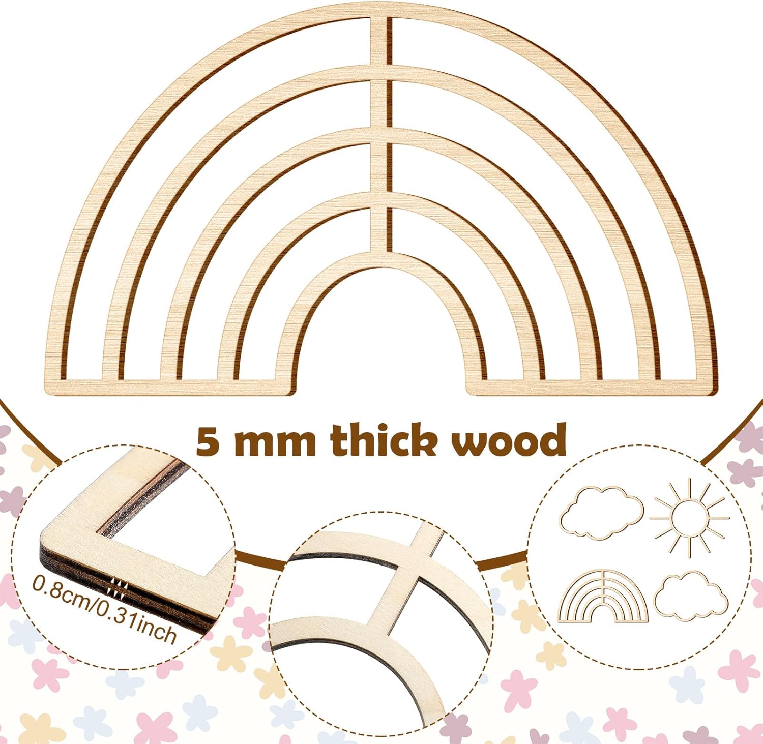 4 Pieces Boho Nursery Cloud Star Wall Decor Wooden Babyroom Moon Rattan Wall Decor Wooden Rainbow for Children Baby Kids Boys Girls Bedroom Nursery Pendant(Cloud Rainbow Sun)
