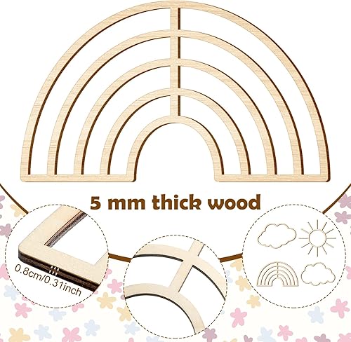 Miniatura 9 de Kathfly 4 piezas de decoración bohemia para cuarto de bebé, decoración de pared de madera con nube, sol, arco iris, corazón, decoración de pared